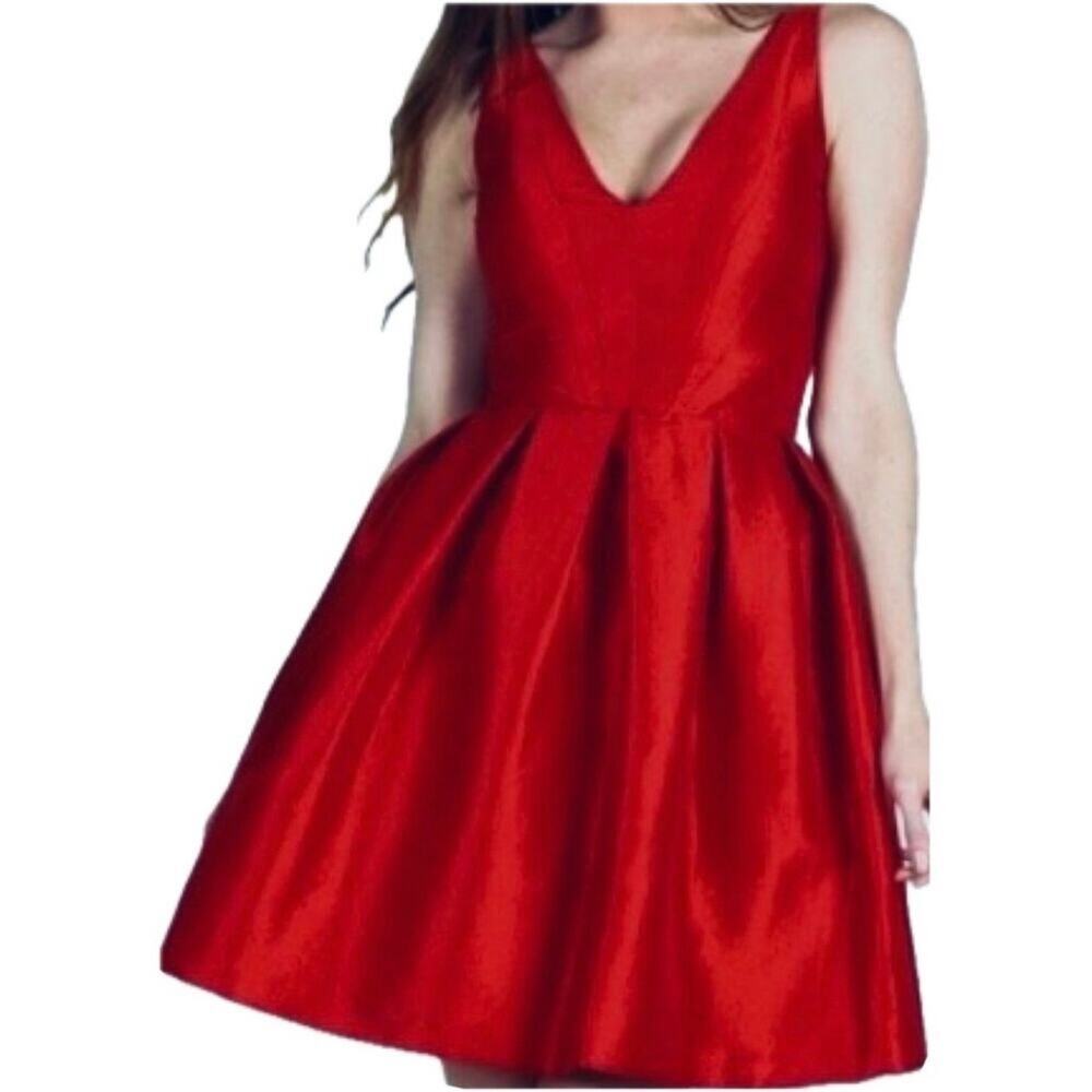 Z Spoke by Zac Posen Red Fit & Flare Dress Size 8 Satin V Neck Designer Cocktail - Picture 4 of 13